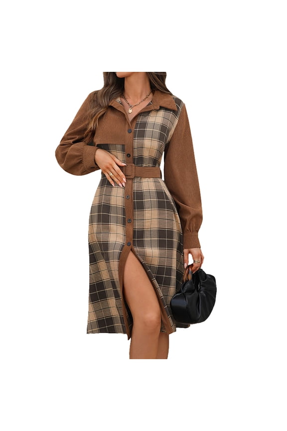 Fall Dress for Women Trendy Patchwork Corduroy Plaid Shirt Dress with Belt Long Sleeve Business Casual Midi Dresses (XL, Brown)