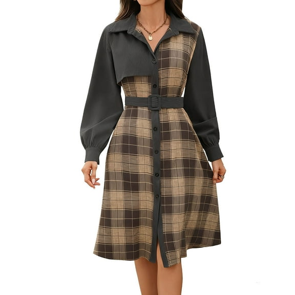Fall Dress for Women Trendy Patchwork Corduroy Plaid Shirt Dress with Belt Long Sleeve Business Casual Midi Dresses (XL, Dark Gray)