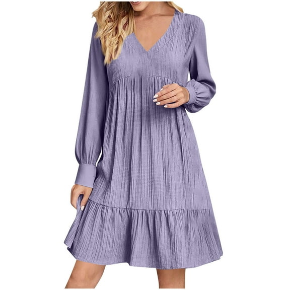 Fall Dress for Women V Neck Long Sleeve Casual Mini Dress Casual Loose Pleated Wedding Guest Dresses