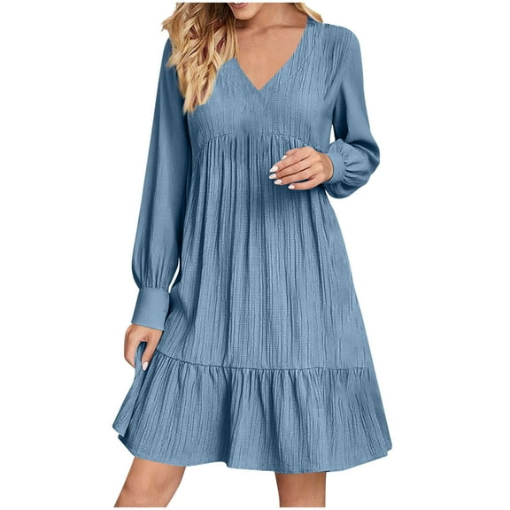 Fall Dress for Women V Neck Long Sleeve Casual Mini Dress Casual Loose Pleated Wedding Guest Dresses