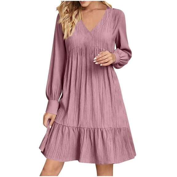 Fall Dress for Women V Neck Long Sleeve Casual Mini Dress Casual Loose Pleated Wedding Guest Dresses
