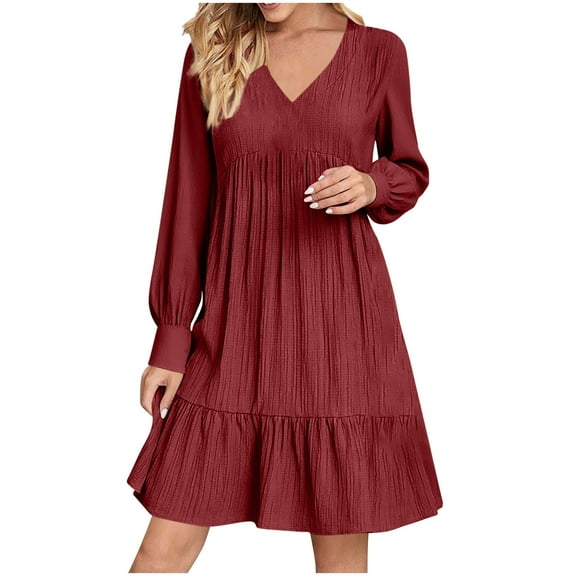 Fall Dress for Women V Neck Long Sleeve Casual Mini Dress Casual Loose Pleated Wedding Guest Dresses