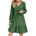 thumbnail image 1 of Fall Dress for Women V Neck Long Sleeve Casual Mini Dress Casual Loose Pleated Wedding Guest Dresses, 1 of 6