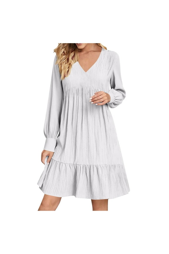 Fall Dress for Women V Neck Long Sleeve Casual Mini Dress Casual Loose Pleated Wedding Guest Dresses