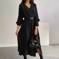 thumbnail image 1 of Fall Dress for Women with Belt Elegant Party Wedding Guest Maxi Gown Long Sleeve Wrap V Neck Trendy Split Dress (3XL, Black), 1 of 7
