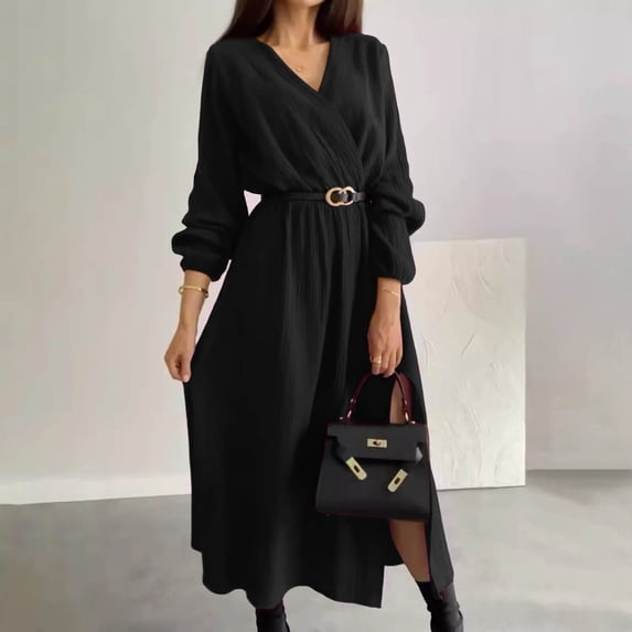 Fall Dress for Women with Belt Elegant Party Wedding Guest Maxi Gown Long Sleeve Wrap V Neck Trendy Split Dress (3XL, Black)