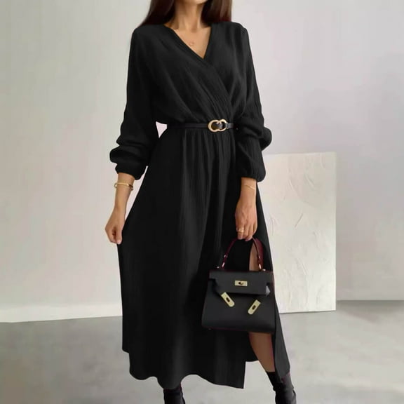 Fall Dress for Women with Belt Elegant Party Wedding Guest Maxi Gown Long Sleeve Wrap V Neck Trendy Split Dress (L, Black)