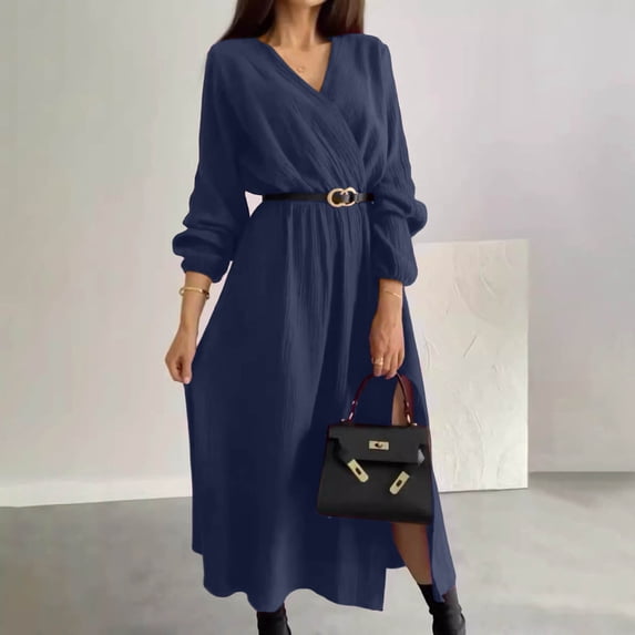 Fall Dress for Women with Belt Elegant Party Wedding Guest Maxi Gown Long Sleeve Wrap V Neck Trendy Split Dress (S, Blue)