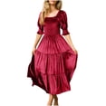 thumbnail image 1 of Fall Dress with Pockets Womens Fall Winter Velvet Dress Puff Sleeve Squares Neck Smocked Tiered Ruffle A-Line Flowy Midi Dress S-226 Wine XL, 1 of 7