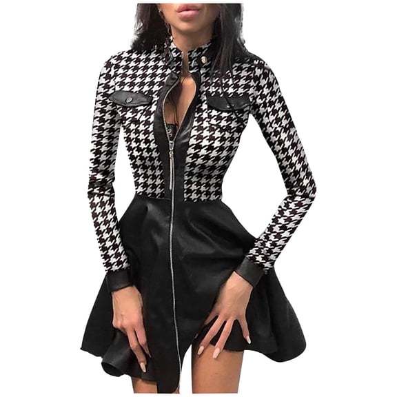 Fall Dresses For Women 2023 Casual Midi Short Skirt Zipper High Neck Print Mini Dress Long Sleeves White S
