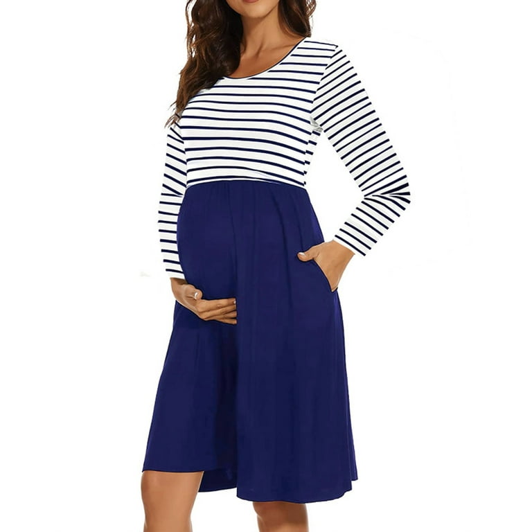 Womens Fall Dresses 2023 Plus Size Long Sleeve Maternity Dress Patchwork Pregnancy Clothes with Pockets Blue XL, Women's