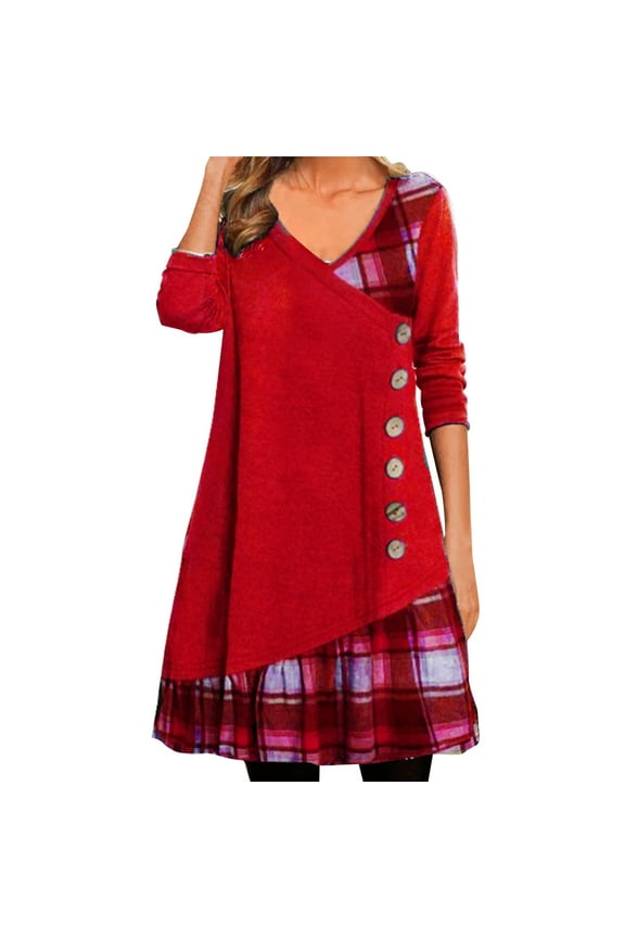 Fall Dresses For Petite Women 2023 Trendy Long Sleeve V Neck Patchwork Dress Decorated Button Plaid Print Dress Red M
