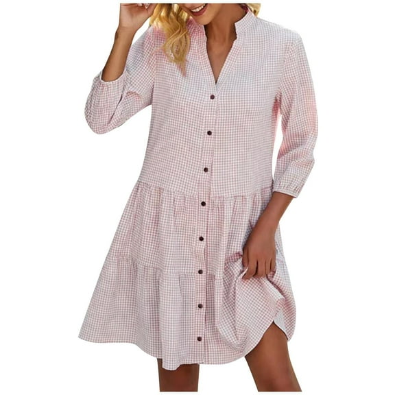 Fall Dresses For Women 2024 V Neck 3/4 Sleeve Loose Dress Button Up Plaid Stand Collar Summer T-Shirt Dress (Pink 3XL)