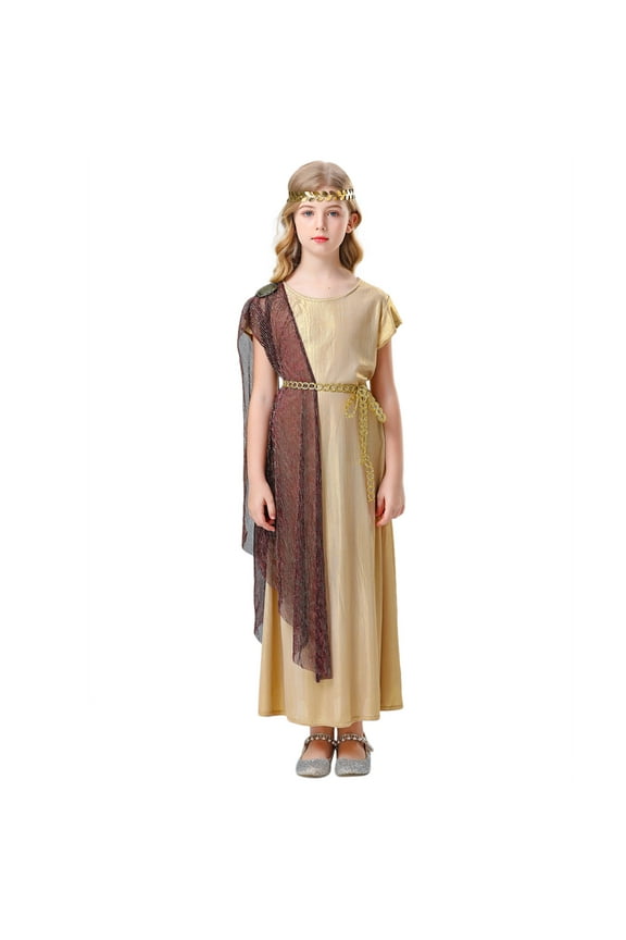 Fall Dresses,Greek Kids Toga Roman Goddess Athena Children Grecian Dress Up Outfit Set,Flower Girl Dress(Color:Gold,Size:10-12 Years)