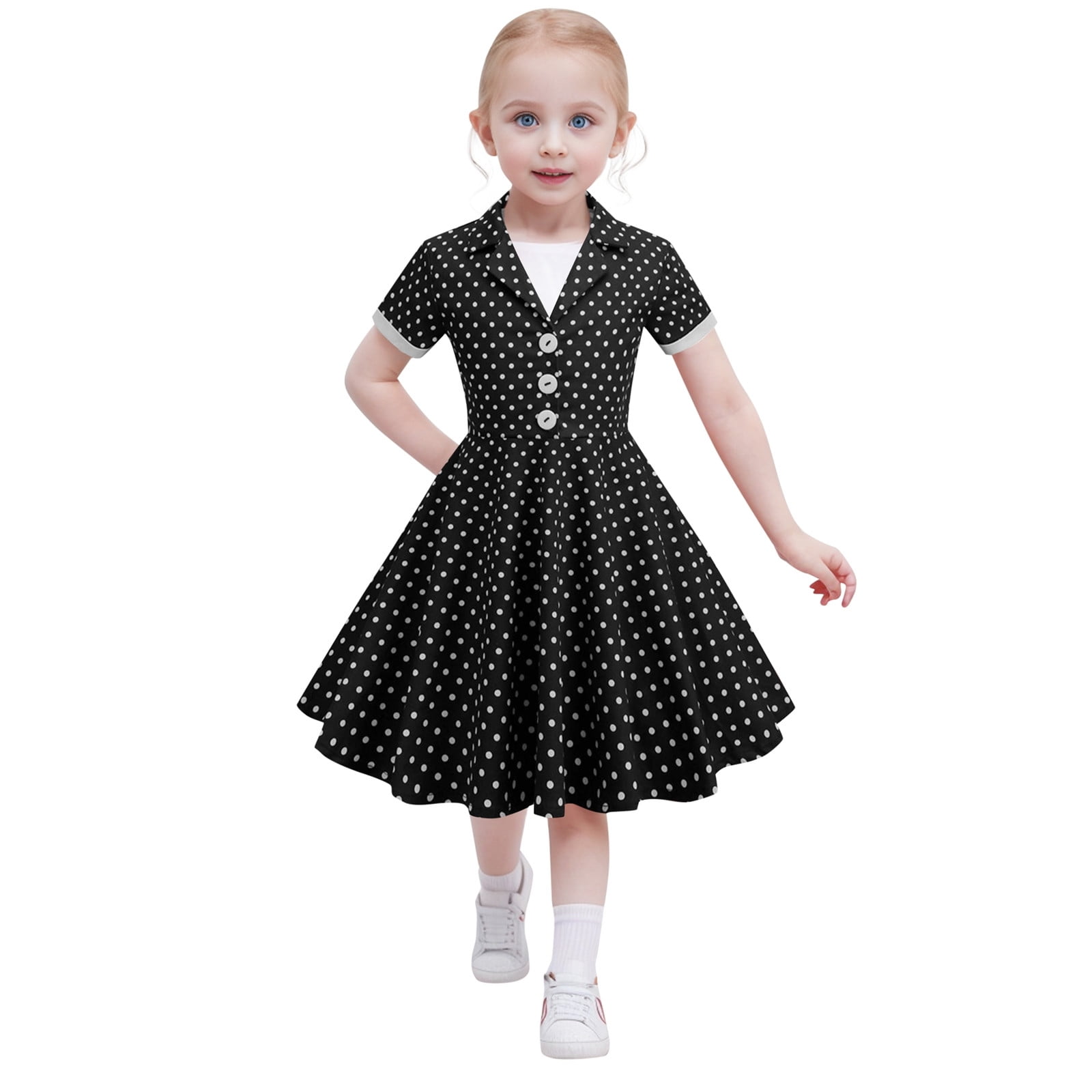Fall Dresses Kids Notch Lapel 50s Dress for Girls Vintage Retro 1950s Polka Dot Dress for Girls 50 s Audrey Hepburn Rockabilly Swing Dress Flower Girl Dress Color Black Size 7 8 Years Walmart
