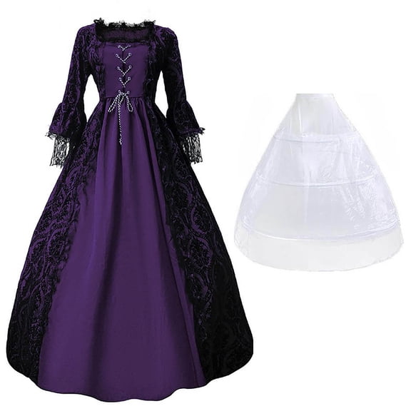 Fall Dresses for Lady Women's Medieval Princess Dress, Gothic Maxi Renaissance Gown Long Sleeve Lace Patchwork Halloween Masquerade Dresses with Hoop Skirt Purple L