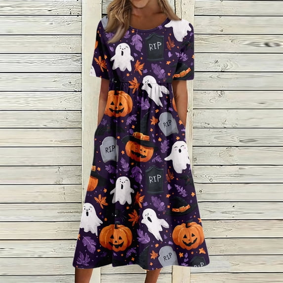 Fall Dresses V-Neck 3/4 Sleeve Dress Halloween Graphic Midi Dress Loose Fit Boho Dresses for Women