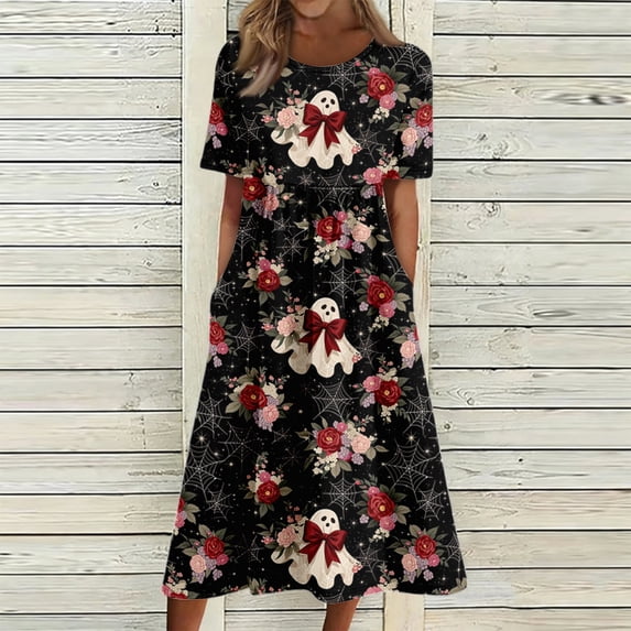 Fall Dresses V-Neck 3/4 Sleeve Dress Halloween Graphic Midi Dress Loose Fit Boho Dresses for Women