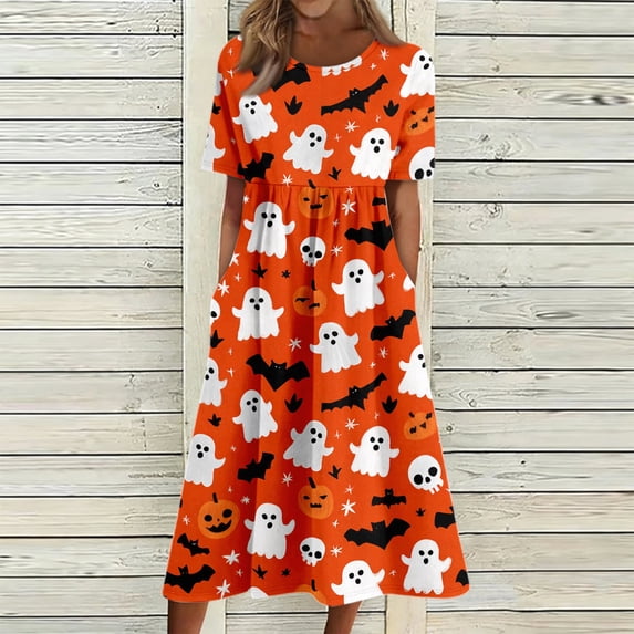 Fall Dresses V-Neck 3/4 Sleeve Dress Halloween Graphic Midi Dress Loose Fit Boho Dresses for Women