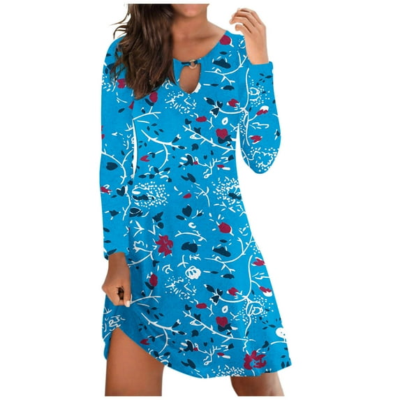 Fall Dresses for Women 2023 Fashion Floral Nocth O-Neck Long Sleeve Tunic Tshirt Dress for Women Swing Sun Dress Beach Swimsuit Cover Ups, Womens Midi Dresses