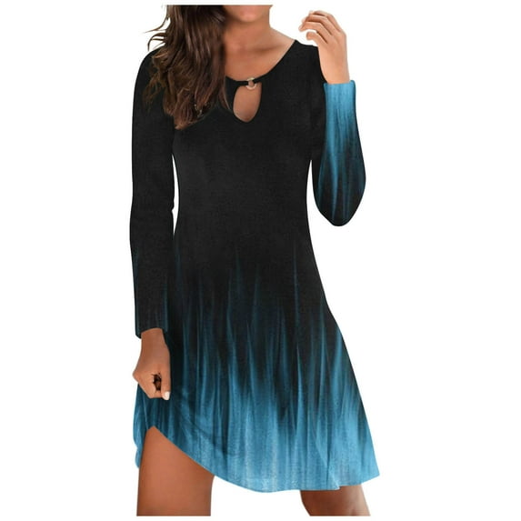 Fall Dresses for Women 2023 Fashion Floral Nocth O-Neck Long Sleeve Tunic Tshirt Dress for Women Swing Sun Dress Beach Swimsuit Cover Ups, Womens Midi Dresses