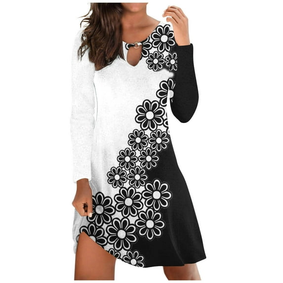 Fall Dresses for Women 2023 Fashion Floral Nocth O-Neck Long Sleeve Tunic Tshirt Dress for Women Swing Sun Dress Beach Swimsuit Cover Ups, Womens Midi Dresses