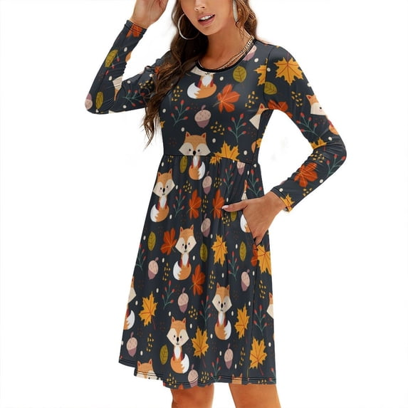 Fall Dresses for Women 2024, Autumn Fox Womens Fall Dresses Long Sleeve Casual Tie Waist Clothes, Womens Fall Fashion 2024 Midi Dresses Outfits with Pocket