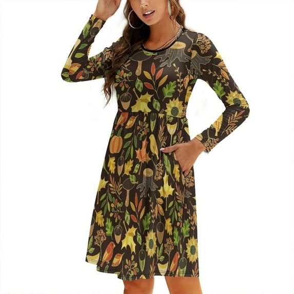 Fall Dresses for Women 2024, Autumn Plants Maple Tree Vintage Womens Fall Dresses Long Sleeve Casual Tie Waist Clothes, Womens Fall Fashion 2024 Midi Dresses Outfits with Pocket