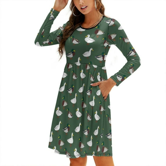 Fall Dresses for Women 2024, Colorful Mallard Duck Womens Fall Dresses Long Sleeve Casual Tie Waist Clothes, Womens Fall Fashion 2024 Midi Dresses Outfits with Pocket