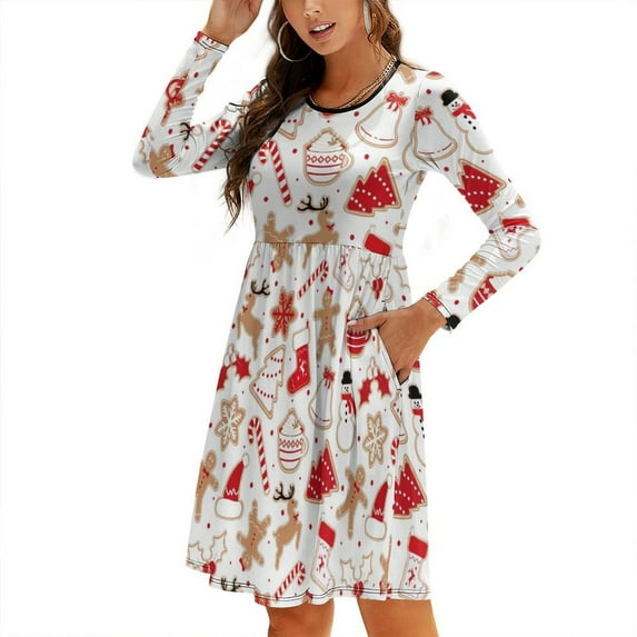 Fall Dresses for Women 2024, Gingerbread Holiday Sweets Womens Fall Dresses Long Sleeve Casual Tie Waist Clothes, Womens Fall Fashion 2024 Midi Dresses Outfits with Pocket