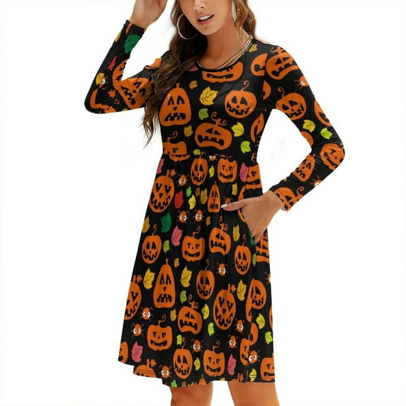 Fall Dresses for Women 2024, Halloween Spiders Pumpkins Womens Fall Dresses Long Sleeve Casual Tie Waist Clothes, Womens Fall Fashion 2024 Midi Dresses Outfits with Pocket