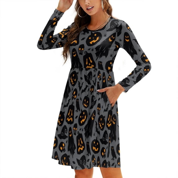 Fall Dresses for Women 2024, Halloween Spooky Pumpkins Womens Fall Dresses Long Sleeve Casual Tie Waist Clothes, Womens Fall Fashion 2024 Midi Dresses Outfits with Pocket