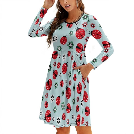 Fall Dresses for Women 2024, Ladybugs And Flowers 1 Womens Fall Dresses Long Sleeve Casual Tie Waist Clothes, Womens Fall Fashion 2024 Midi Dresses Outfits with Pocket