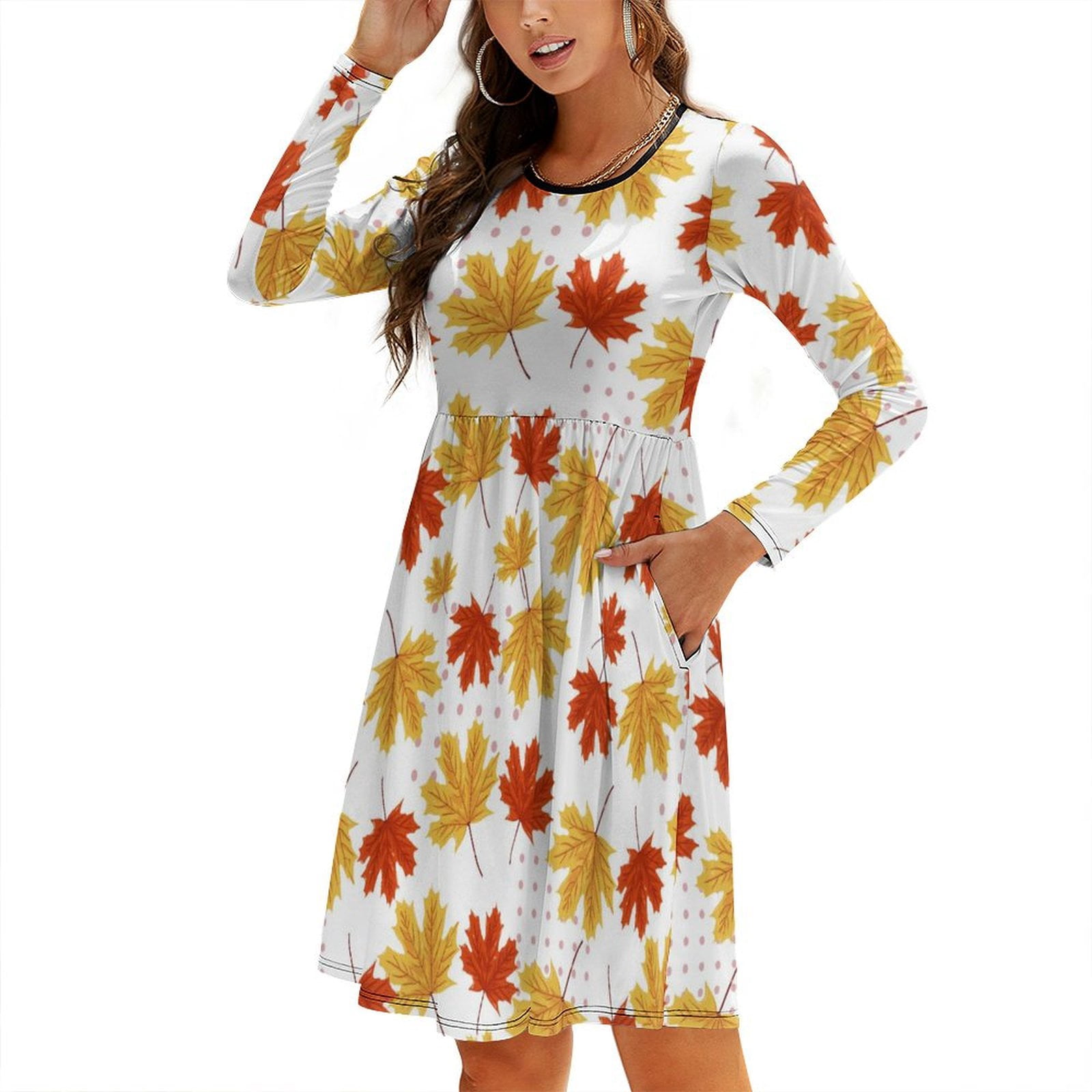 Fall Dresses for Women 2024, Maple Leaf Long Sleeve Fall Dresses Casual ...
