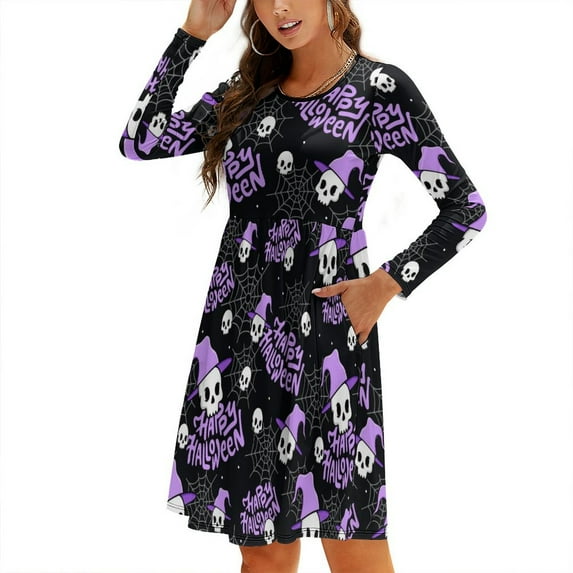 Fall Dresses for Women 2024, Purple Halloween Skull Spiderweb Womens Fall Dresses Long Sleeve Casual Tie Waist Clothes, Womens Fall Fashion 2024 Midi Dresses Outfits with Pocket