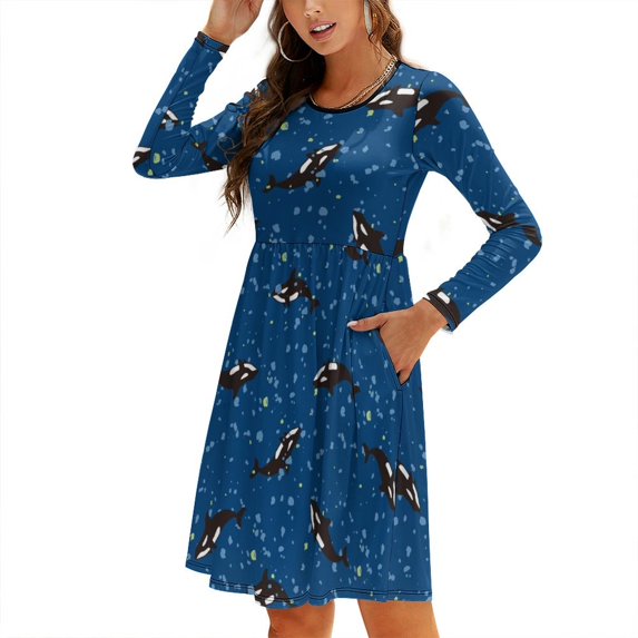 Fall Dresses for Women 2024, Whales Swim Womens Fall Dresses Long Sleeve Casual Tie Waist Clothes, Womens Fall Fashion 2024 Midi Dresses Outfits with Pocket