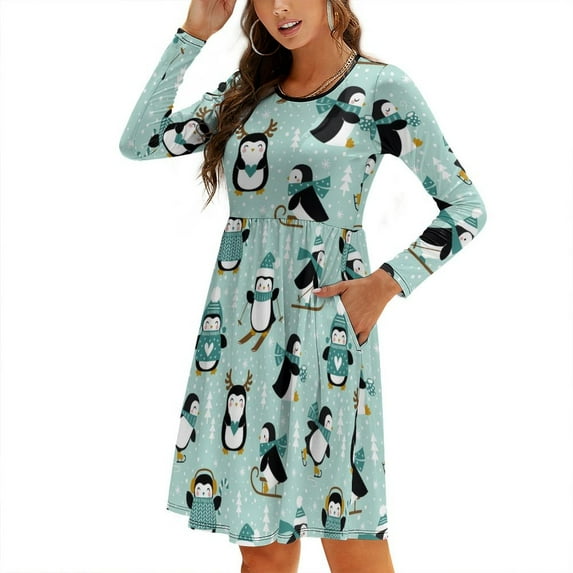 Fall Dresses for Women 2024, Winter Skiing Penguin Womens Fall Dresses Long Sleeve Casual Tie Waist Clothes, Womens Fall Fashion 2024 Midi Dresses Outfits with Pocket