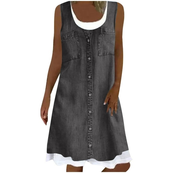 Fall Dresses Women,CALAFEBILA Womens Dresses Sleeveless Square Neck Solid Color Fake Two Piece Knee-Length Denim Dresses with Pockets