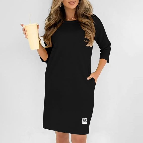 Fall Dresses for Women Oversized Crewneck Midi 3/4 Length Sleeve Dresses Womens Casual Solid Round Neck Loose Fits Three Quarter Sleeve Dress Plus Size Elegant Knee Length Dress with Pockets