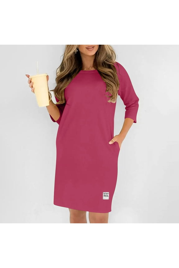 Fall Dresses for Women Oversized Crewneck Midi 3/4 Length Sleeve Dresses Womens Casual Solid Round Neck Loose Fits Three Quarter Sleeve Dress Plus Size Elegant Knee Length Dress with Pockets