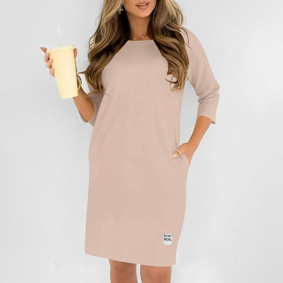 Fall Dresses for Women Oversized Crewneck Midi 3/4 Length Sleeve Dresses Womens Casual Solid Round Neck Loose Fits Three Quarter Sleeve Dress Plus Size Elegant Knee Length Dress with Pockets