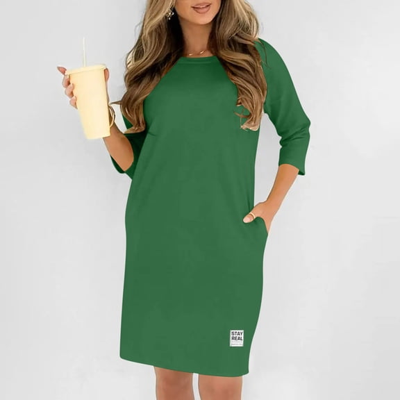 Fall Dresses for Women Oversized Crewneck Midi 3/4 Length Sleeve Dresses Womens Casual Solid Round Neck Loose Fits Three Quarter Sleeve Dress Plus Size Elegant Knee Length Dress with Pockets