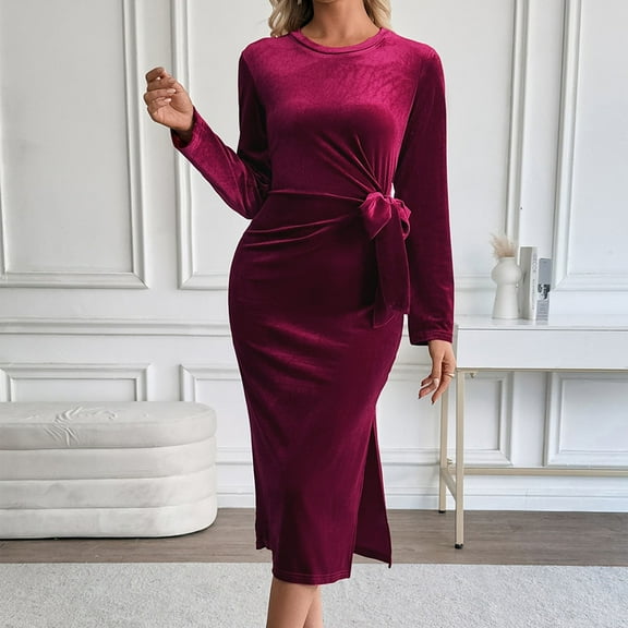 Fall Dresses for Women Oversized Crewneck Slim Wrap Straight Leg Split Hem Velvet Maxi Dress Womens Casual Round Neck Ruched Waist Cocktail Wedding Guest Dress Banquet Party Velvet Long Skirt