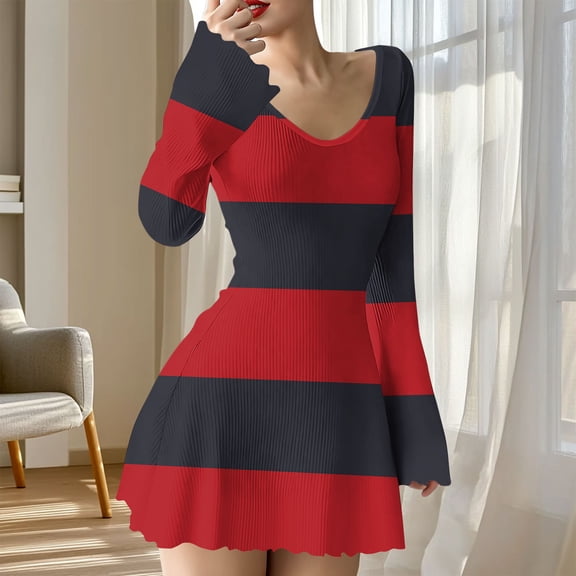 Fall Dresses for Women Oversized V Neck Stretch Striped Printed Mini Dress Womens Casual Pleated Christmas Printed Flowered Trim Long Sleeved Versatile Elegant Short Dress