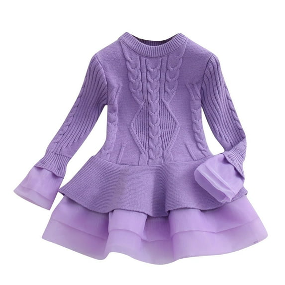 Fall Dresses for Girls Long Sleeve 9M-6Y Toddlers Kids Trendy Cable Knitted Crewneck Tulle-Splice Solid Color Slim-Fit A-Line Dress