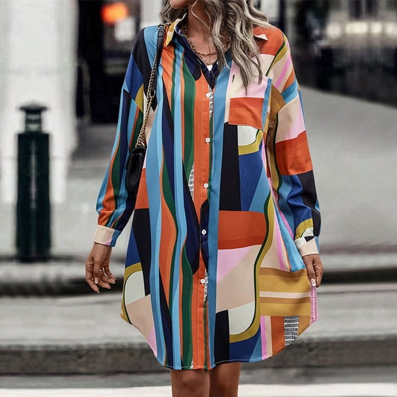 Fall Dresses for Women 2023 Ladies Colorblock Lapel Mid Length Long Sleeve Shirtdress Dress Women Dress TANQIKE M