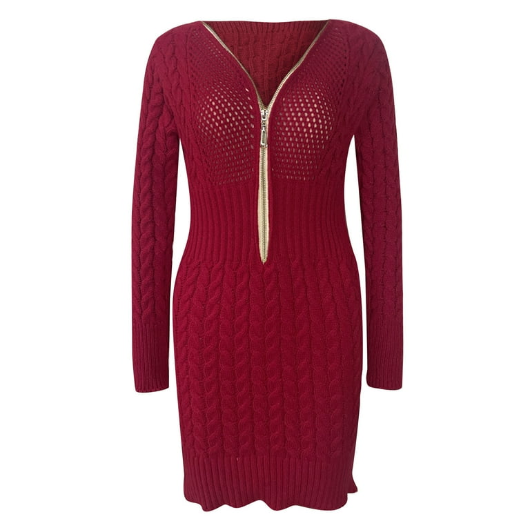 Solid Color Long-Sleeved Off-Shoulder Zip-Knit Dress Solid Color Long-Sleeved Off-Shoulder Zip-Knit Dress