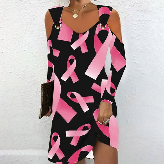 Fall Dresses for Women 2024 Breast Cancer Printed Long Sleeve Off Shoulder Dress Pink L
