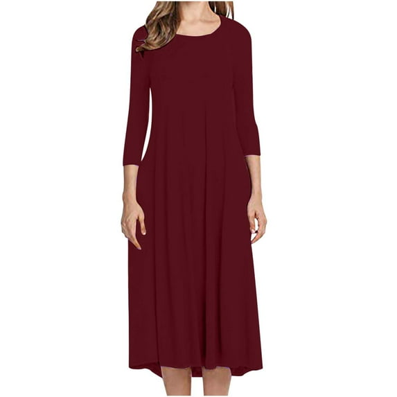Fall Dresses for Women 2024 Button V-Neck Solid Color Casual Dress Wine L