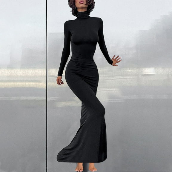 Fall Dresses for Women 2024 Long Sleeve Round-Neck Pullover Solid Color Wrap Buttocks Dress Black L